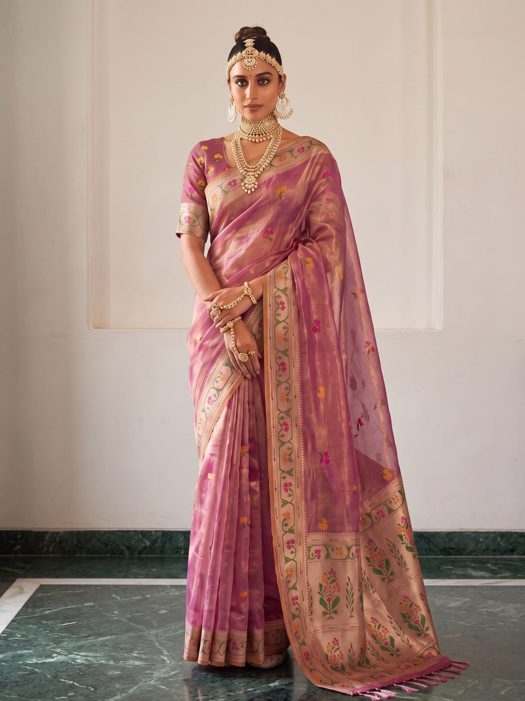 Peachmode Mauve Woven Tissue Silk Saree - Image 5