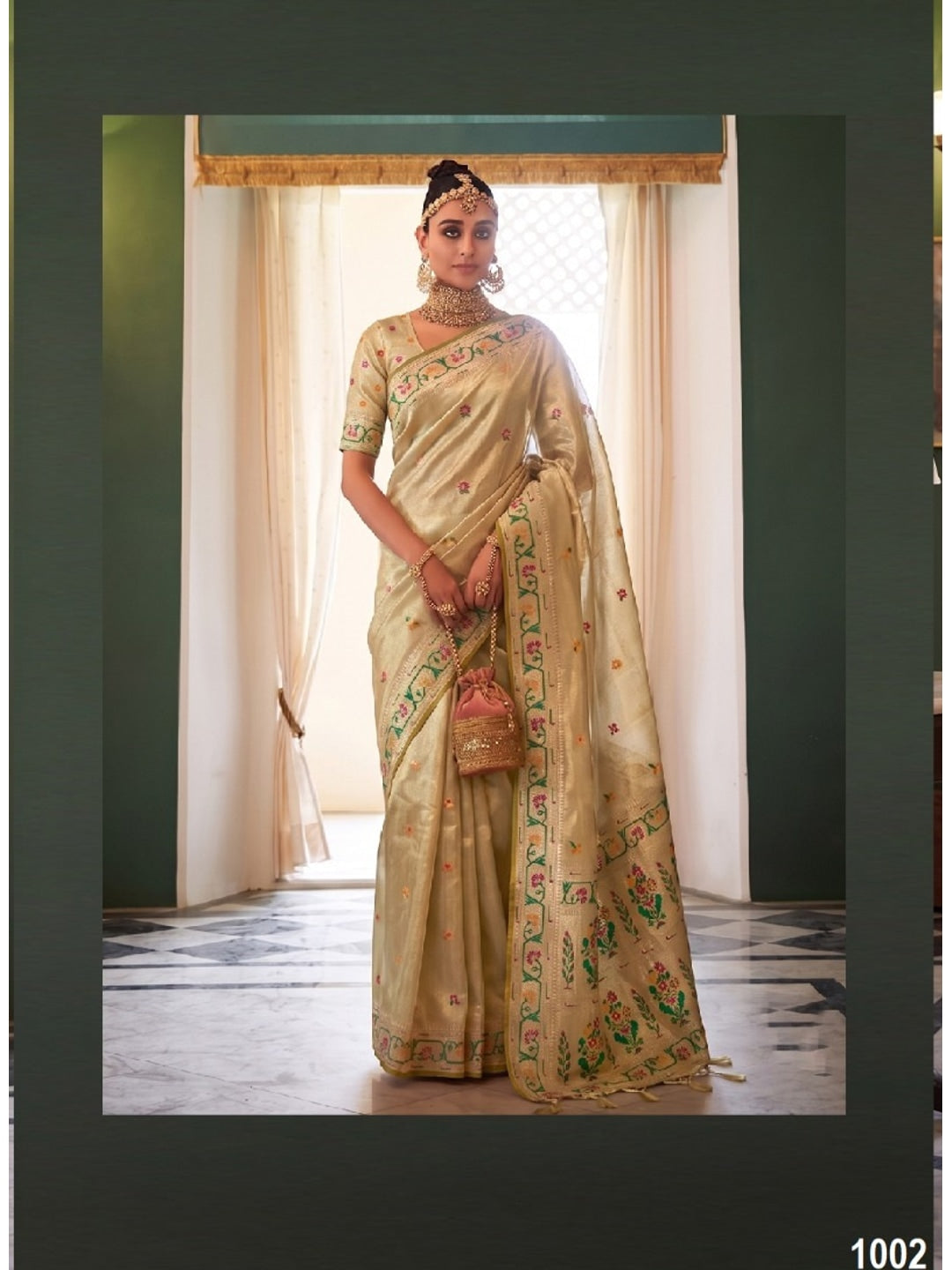 Peachmode Beige Woven Tissue Silk Saree - Image 1