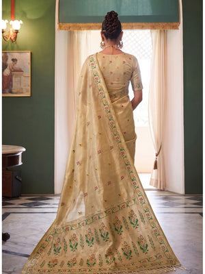 Peachmode Beige Woven Tissue Silk Saree - Image 2