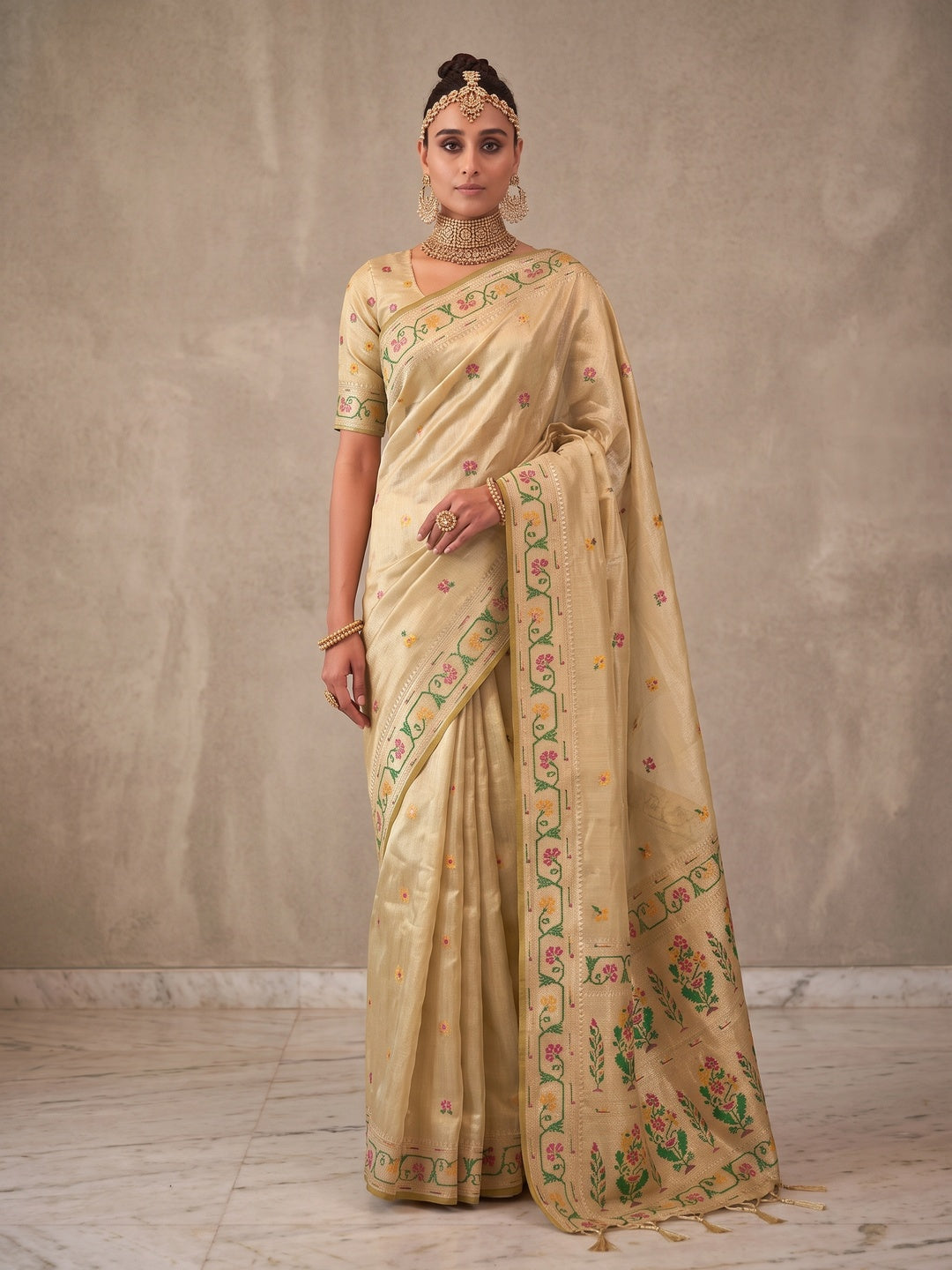 Peachmode Beige Woven Tissue Silk Saree - Image 5