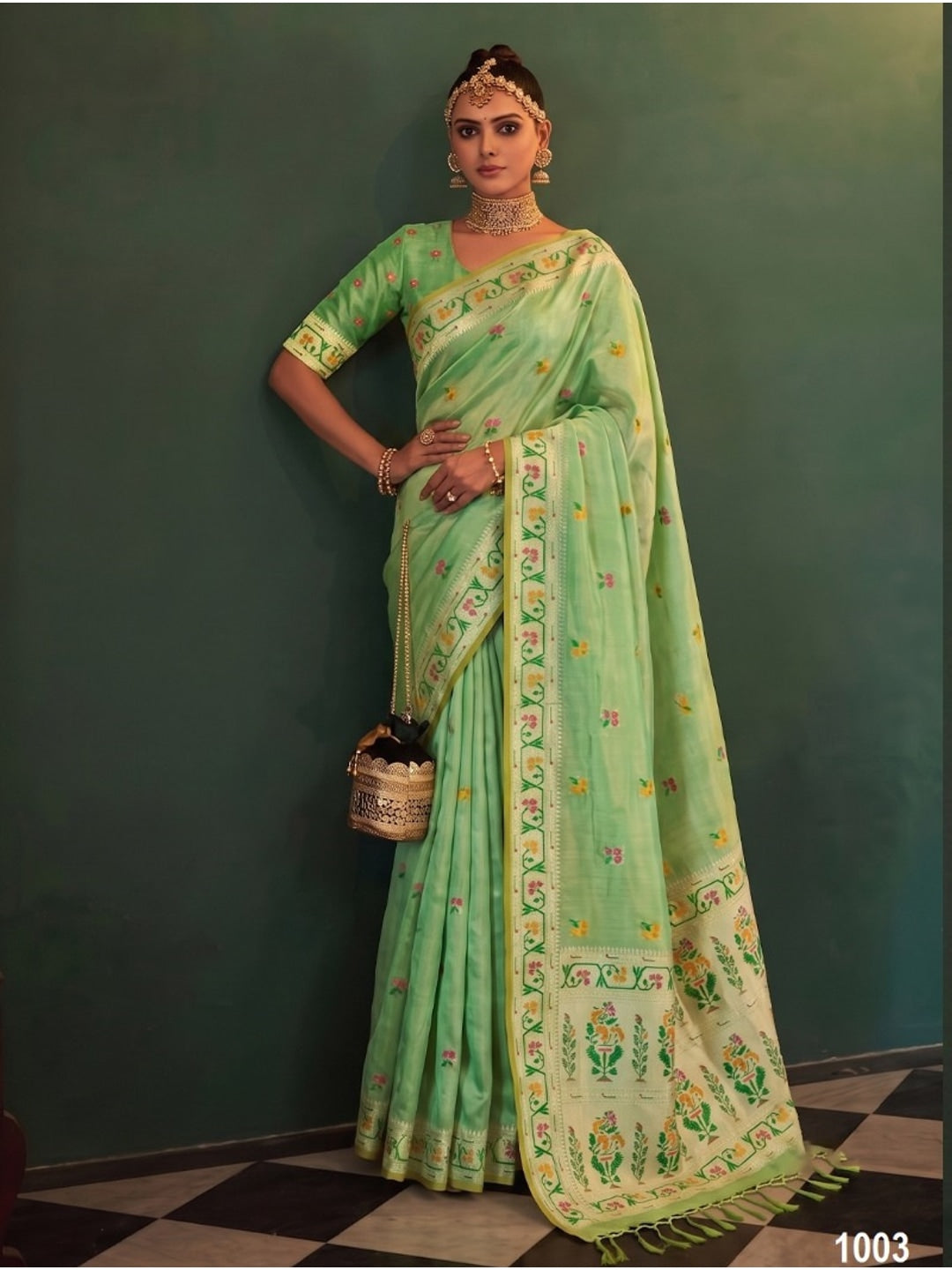 Peachmode Mint Green Woven Tissue Silk Saree - Image 1