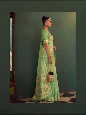 Peachmode Mint Green Woven Tissue Silk Saree - Image 2