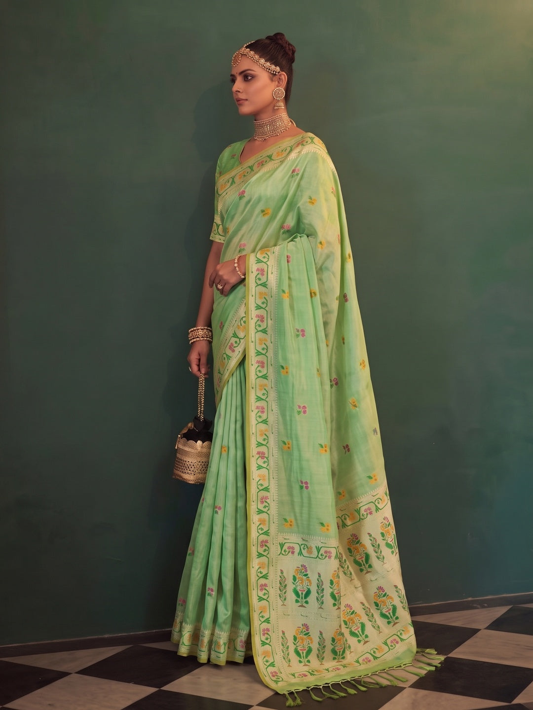 Peachmode Mint Green Woven Tissue Silk Saree - Image 3