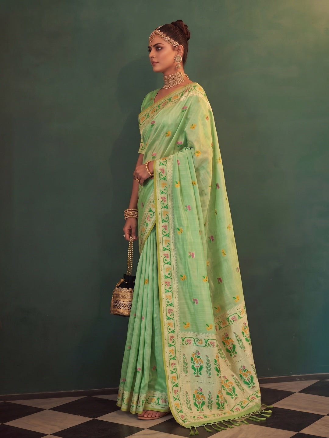 Peachmode Mint Green Woven Tissue Silk Saree - Image 4