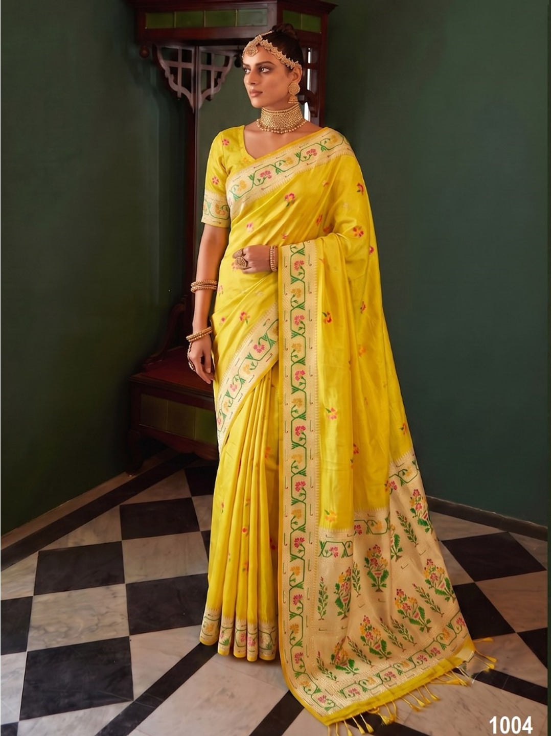 Peachmode Yellow Woven Tissue Silk Saree - Image 1