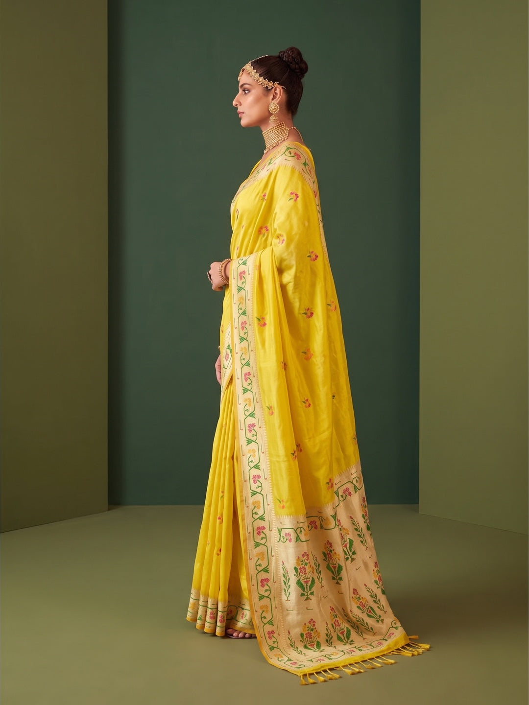 Peachmode Yellow Woven Tissue Silk Saree - Image 3