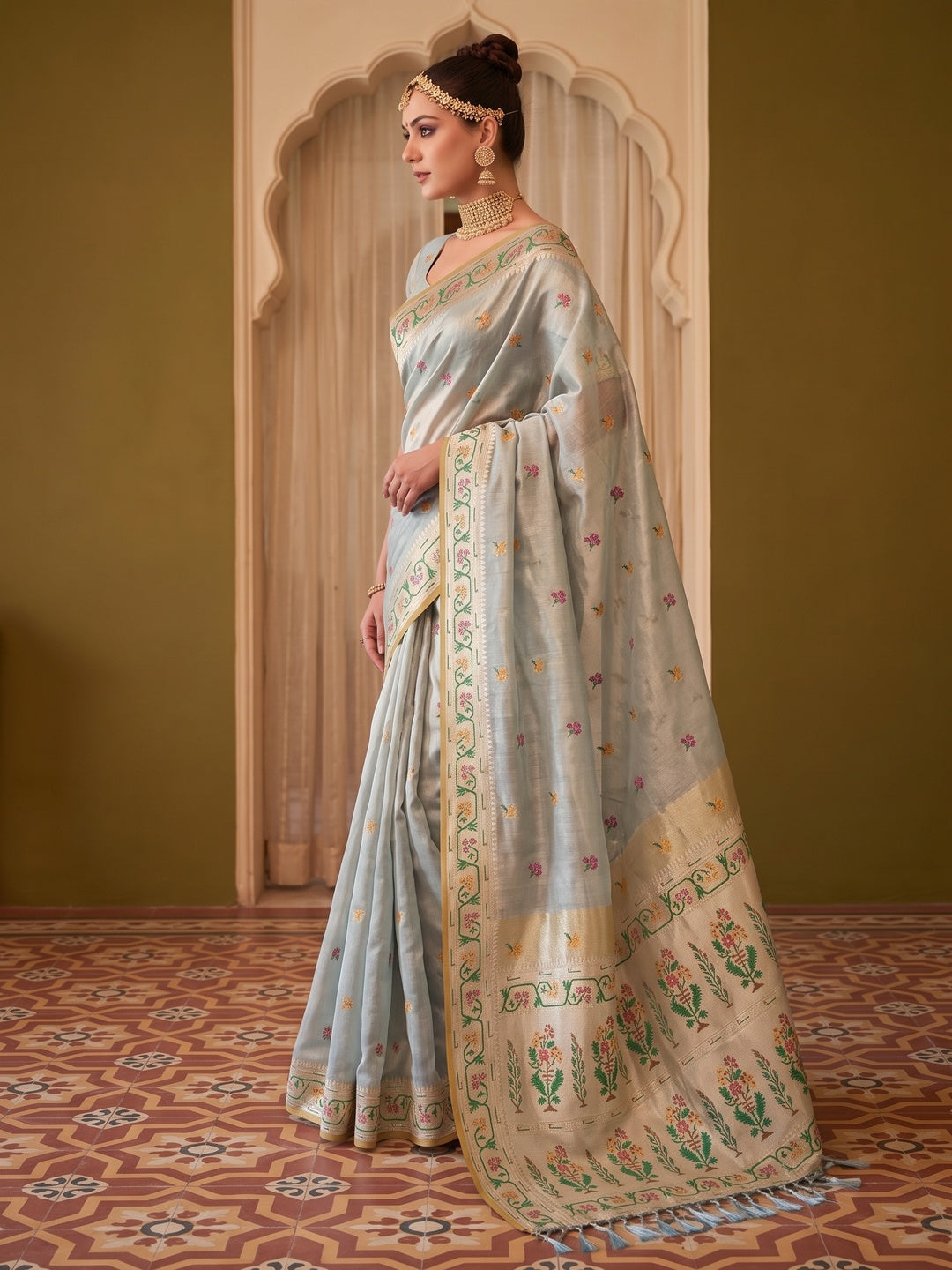 Peachmode Ice Blue Woven Tissue Silk Saree - Image 3