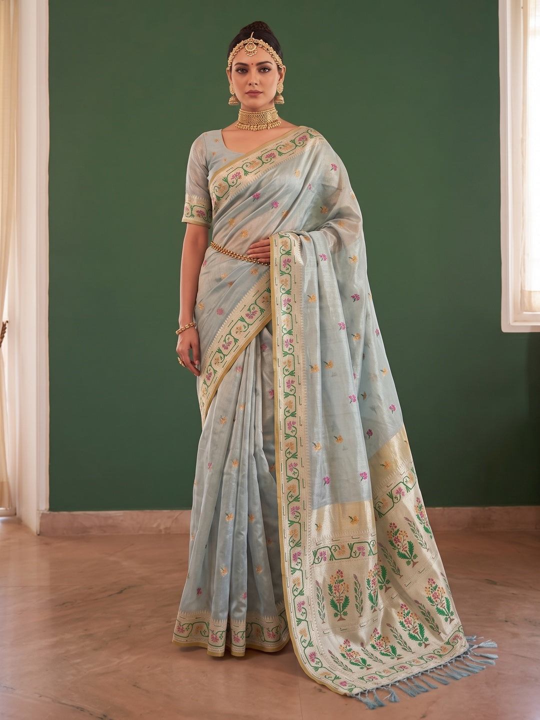Peachmode Ice Blue Woven Tissue Silk Saree - Image 5