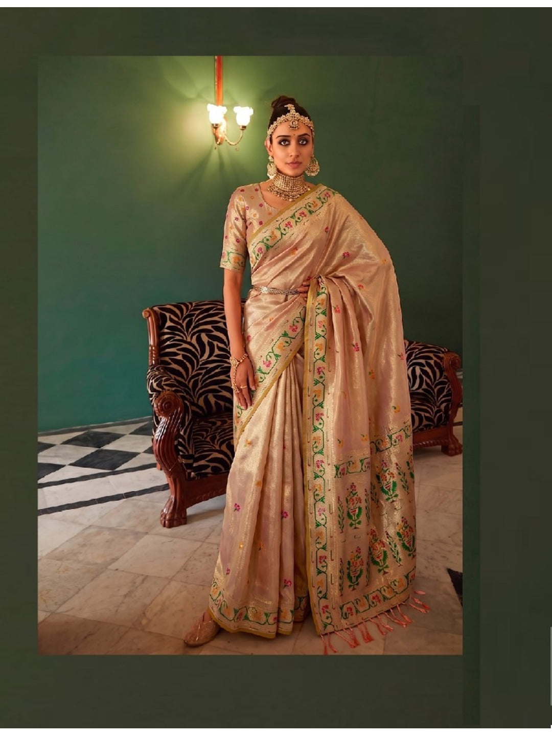 Peachmode Peach Woven Tissue Silk Saree - Image 2