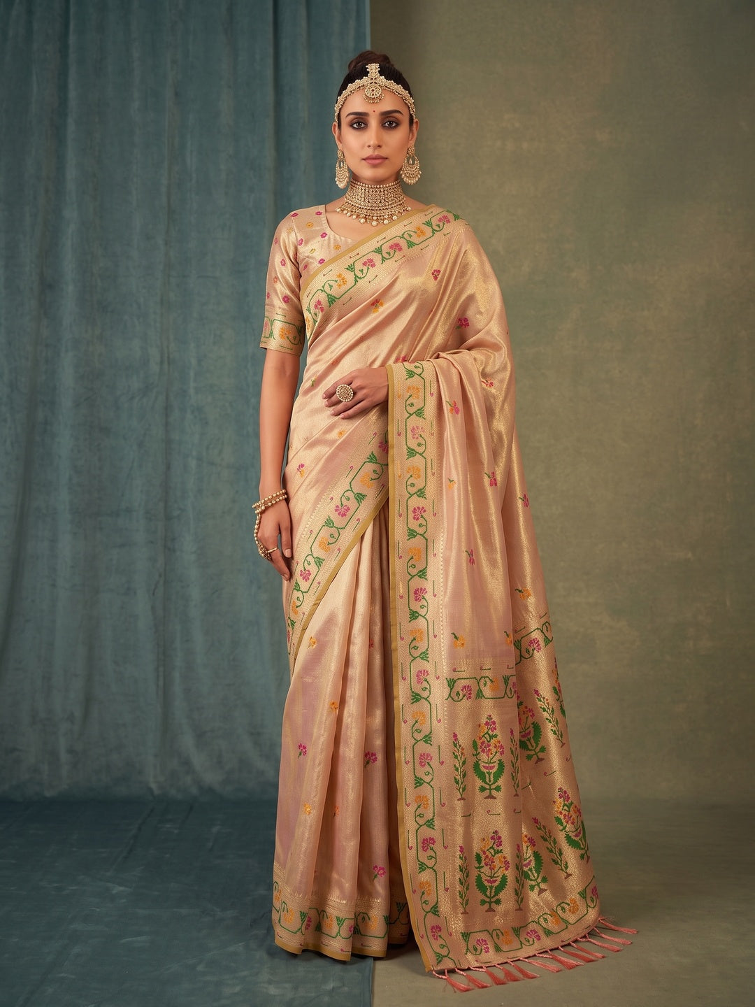 Peachmode Peach Woven Tissue Silk Saree - Image 5