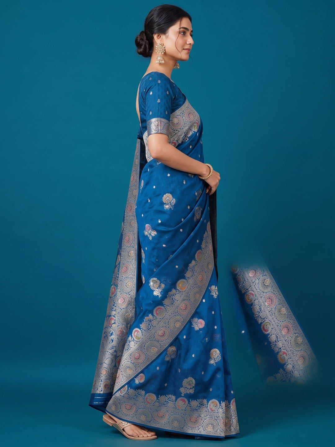 Peachmode Blue Organza Saree with Mina Weaving Work - Image 5