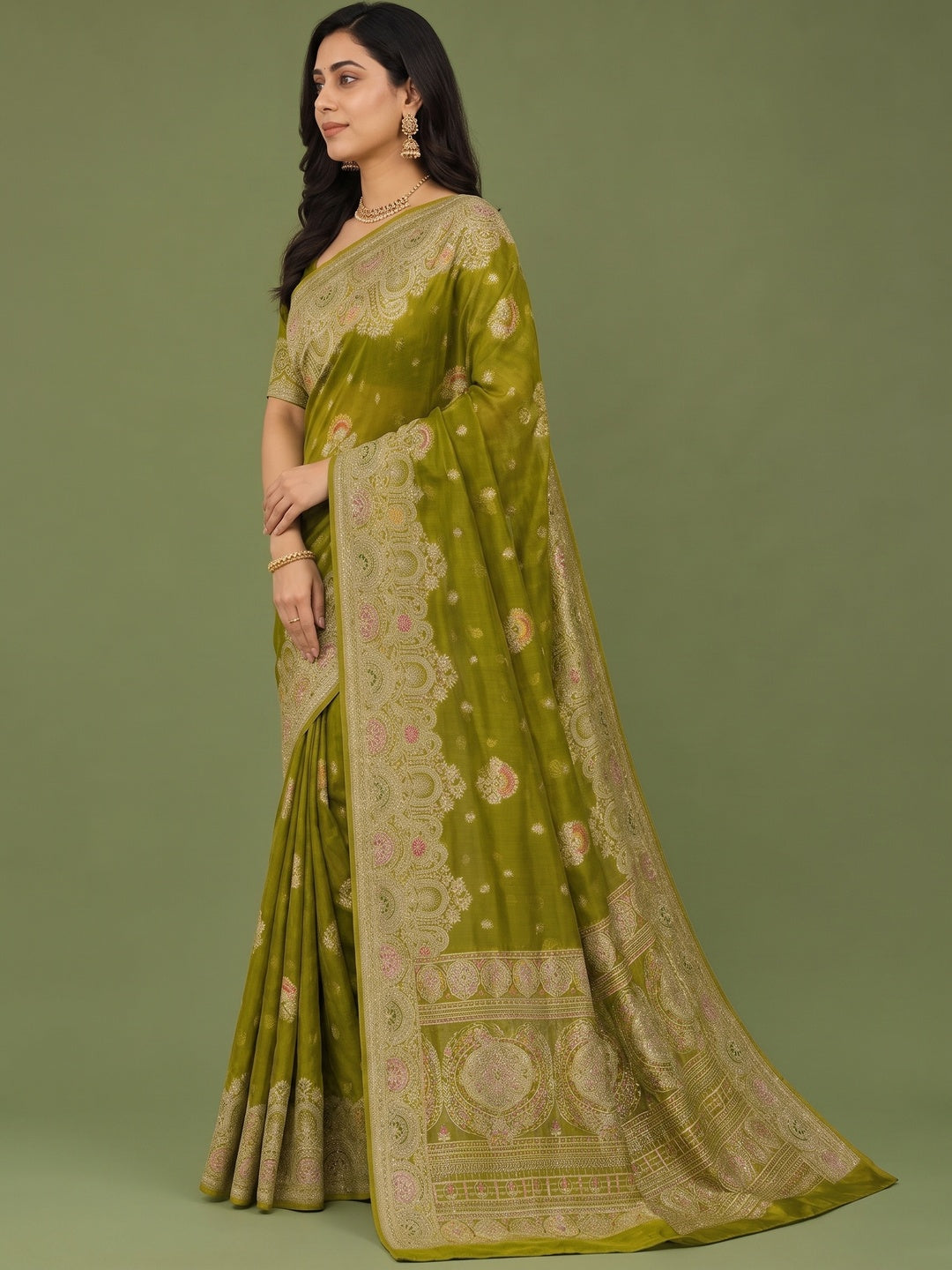 Peachmode Green Organza Saree with Mina Weaving Work - Image 5