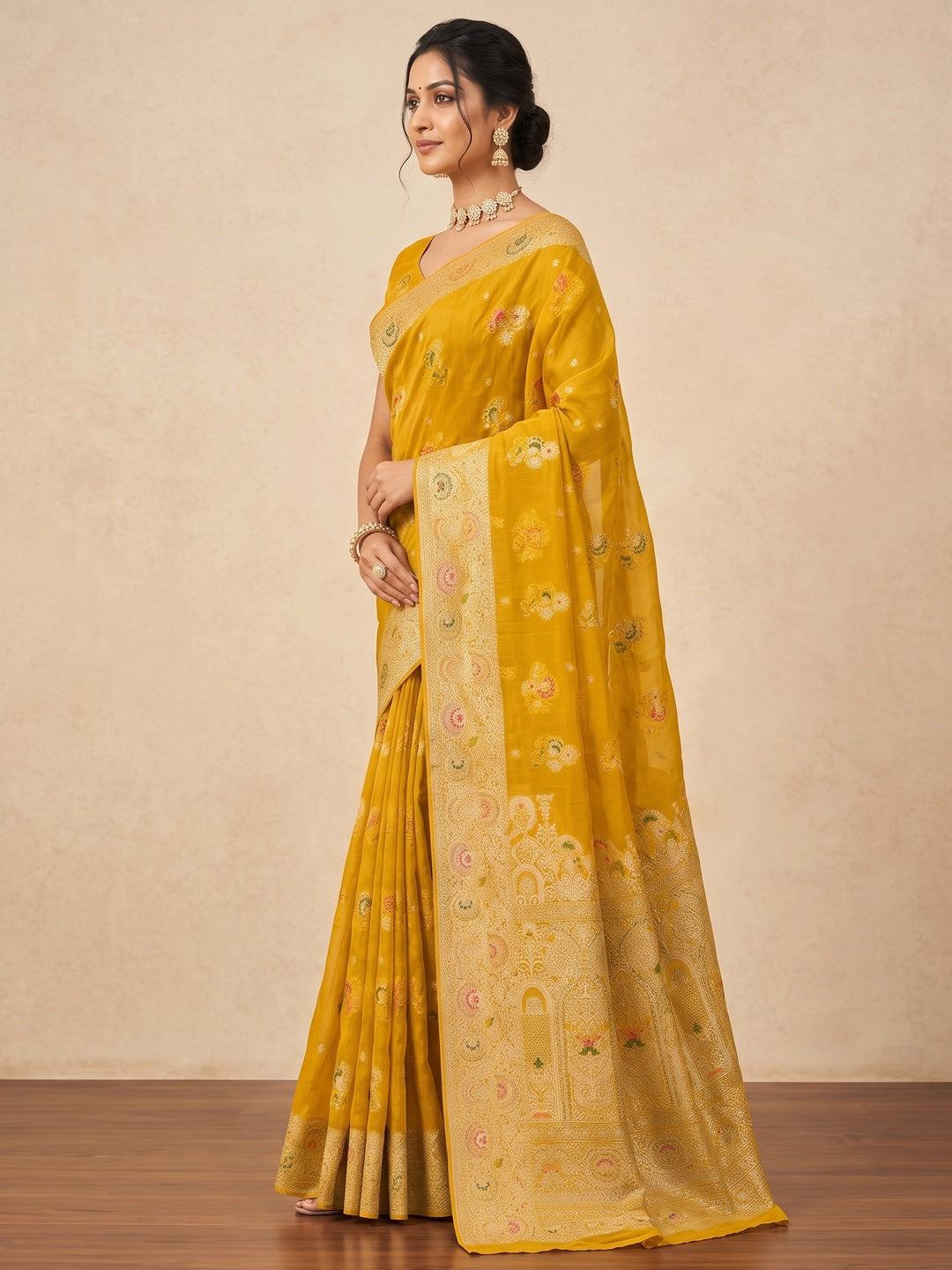 Peachmode Yellow Organza Saree with Mina Weaving Work - Image 5