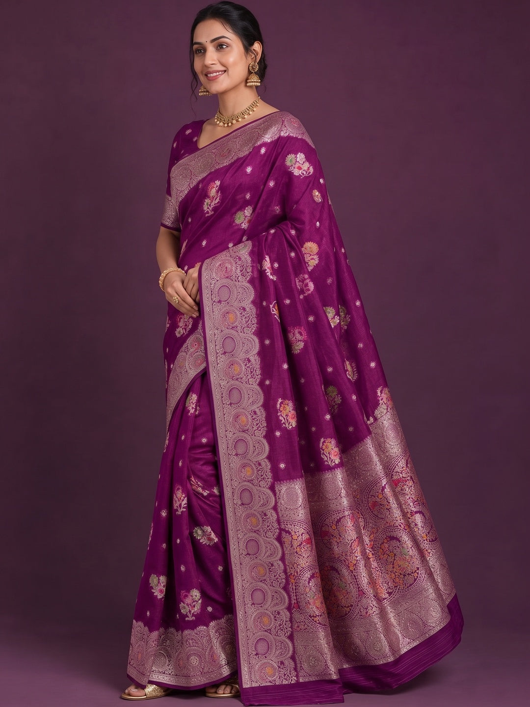 Peachmode Purple Organza Saree with Mina Weaving Work - Image 4