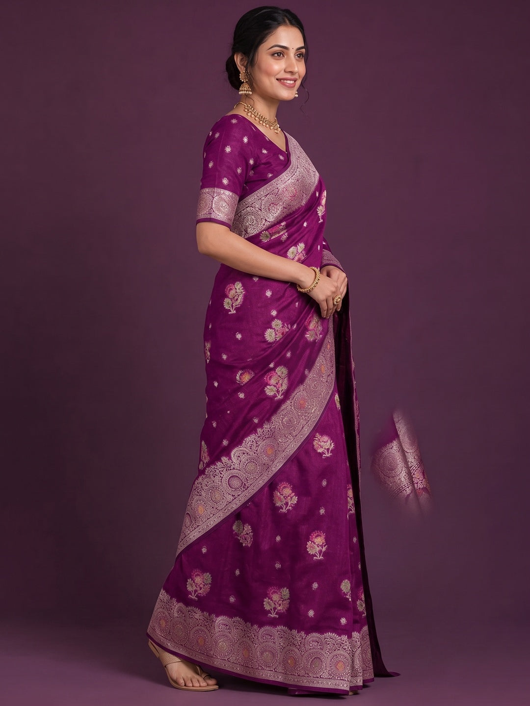 Peachmode Purple Organza Saree with Mina Weaving Work - Image 5