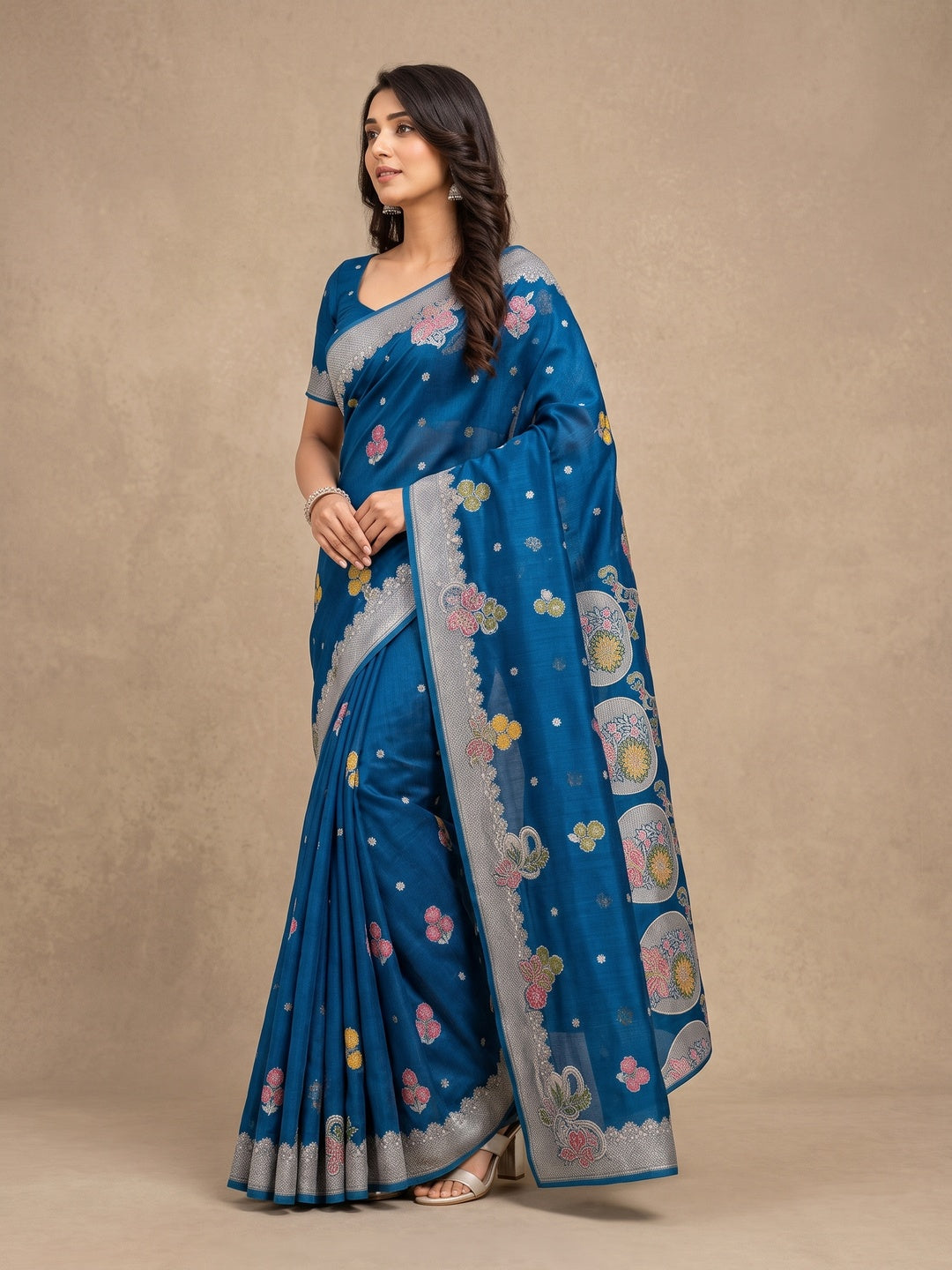 Peachmode Blue Organza Saree with Mina Weaving Work - Image 4