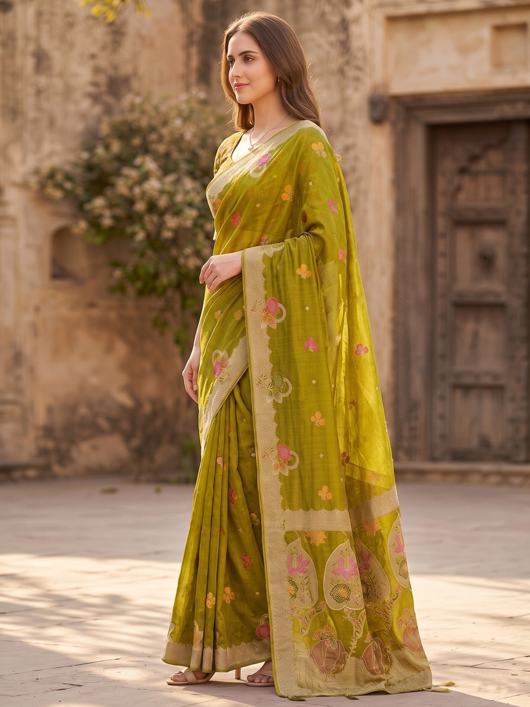 Peachmode Green Organza Saree with Mina Weaving Work - Image 5
