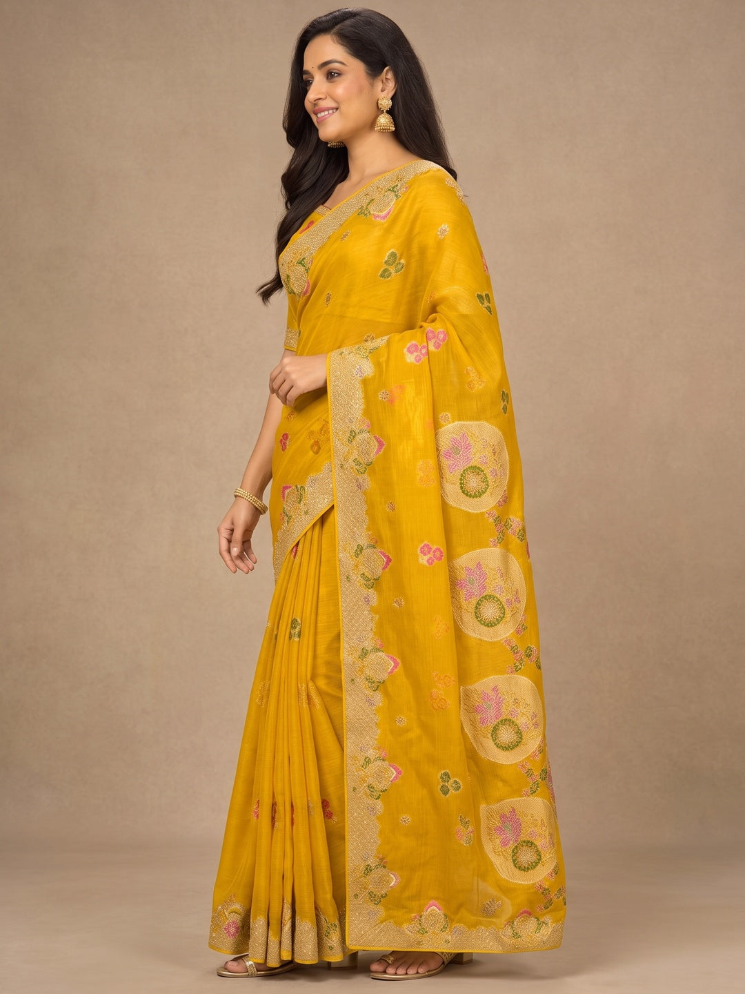 Peachmode Yellow Organza Saree with Mina Weaving Work - Image 5
