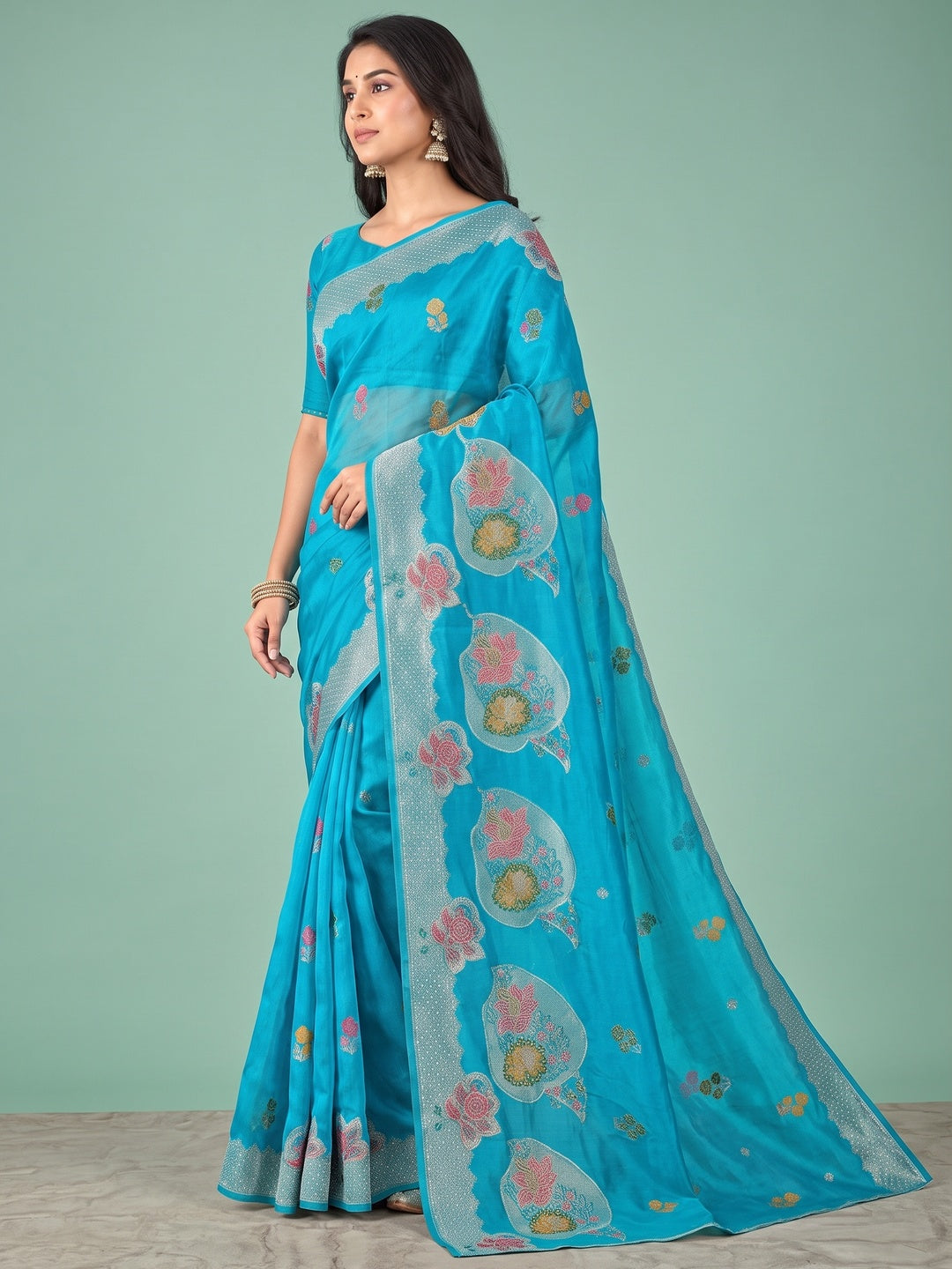 Peachmode Turquoise Organza Saree with Mina Weaving Work - Image 5