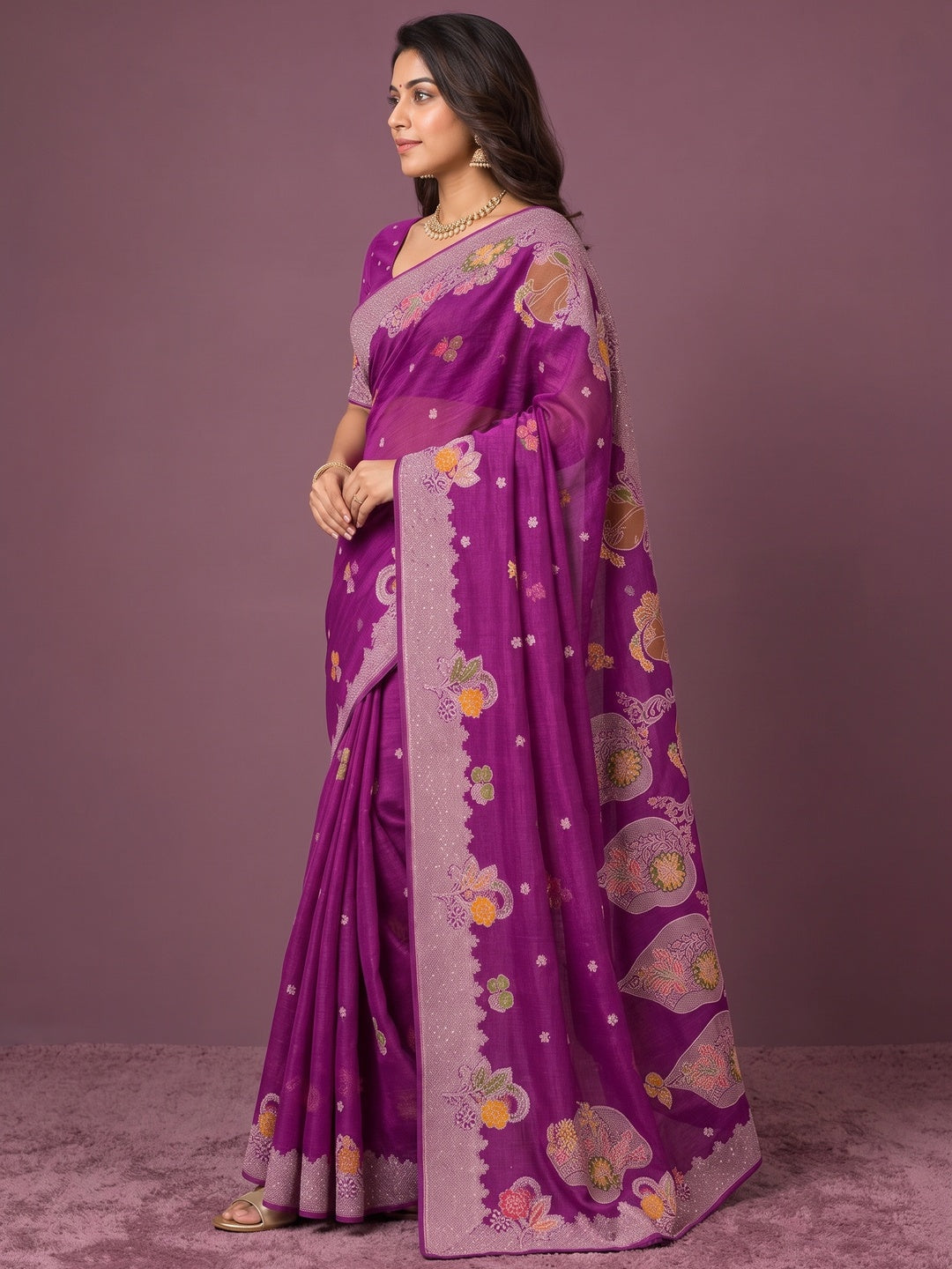 Peachmode Purple Organza Saree with Mina Weaving Work - Image 4