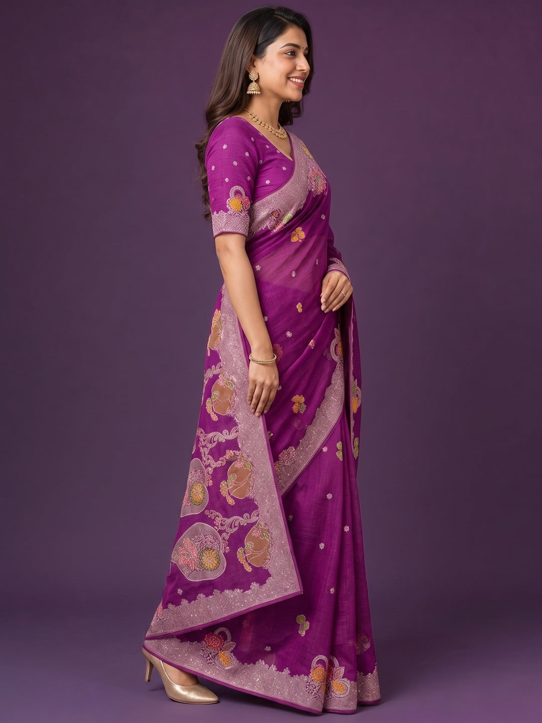 Peachmode Purple Organza Saree with Mina Weaving Work - Image 5