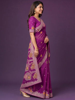 Peachmode Purple Organza Saree with Mina Weaving Work - Image 5