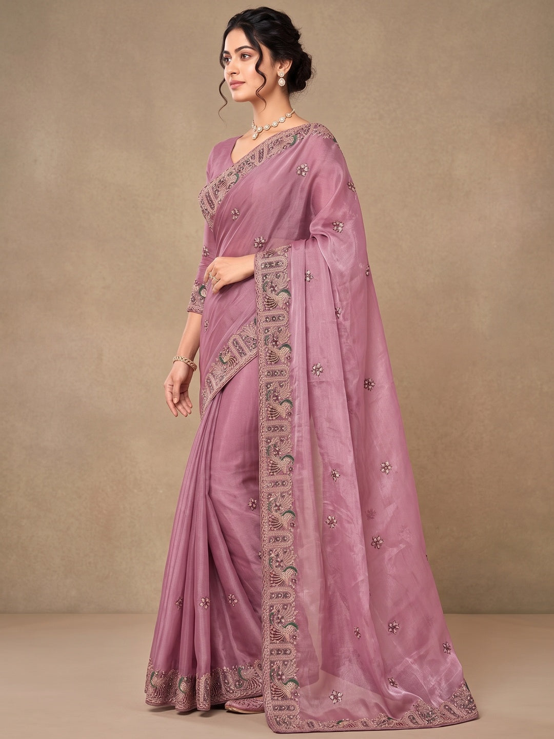 Peachmode Pink NC Moss Saree with Heavy Embroidery Work - Image 4