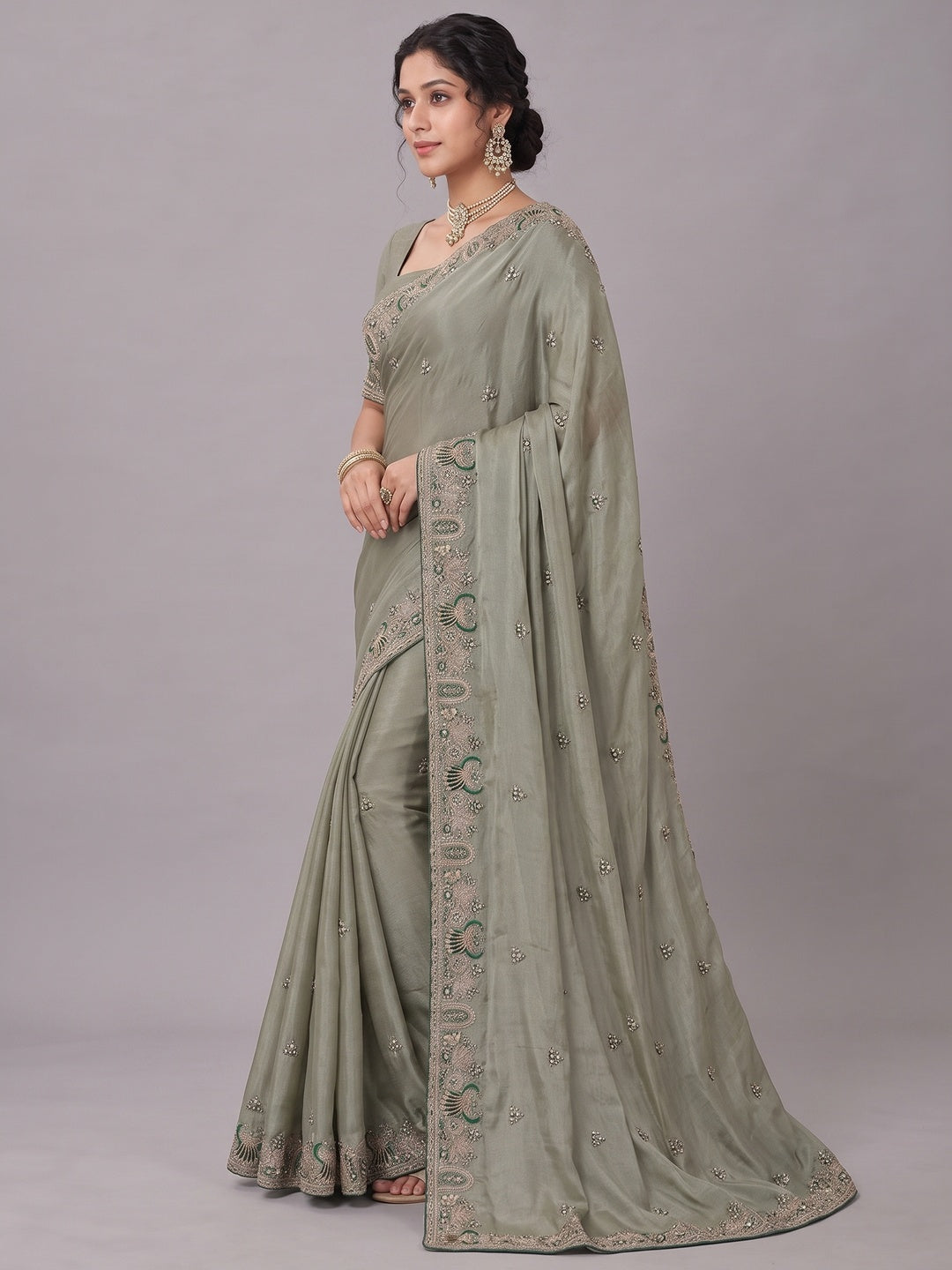 Peachmode Grey NC Moss Saree with Heavy Embroidery Work - Image 4