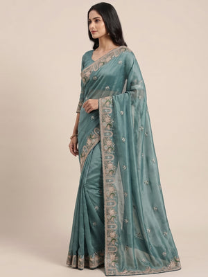 Peachmode Teal NC Moss Saree with Heavy Embroidery Work - Image 4