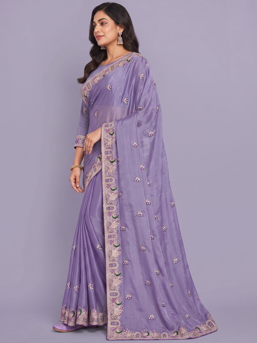 Peachmode Lavender NC Moss Saree with Heavy Embroidery Work - Image 4