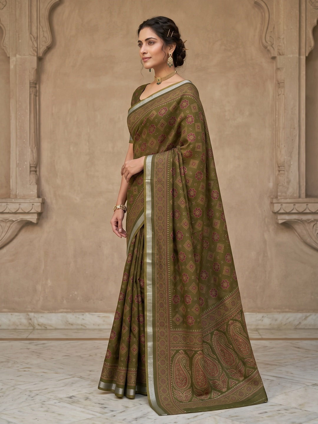 Peachmode Olive Semi Cotton Saree with Ajrakh Print - Image 4