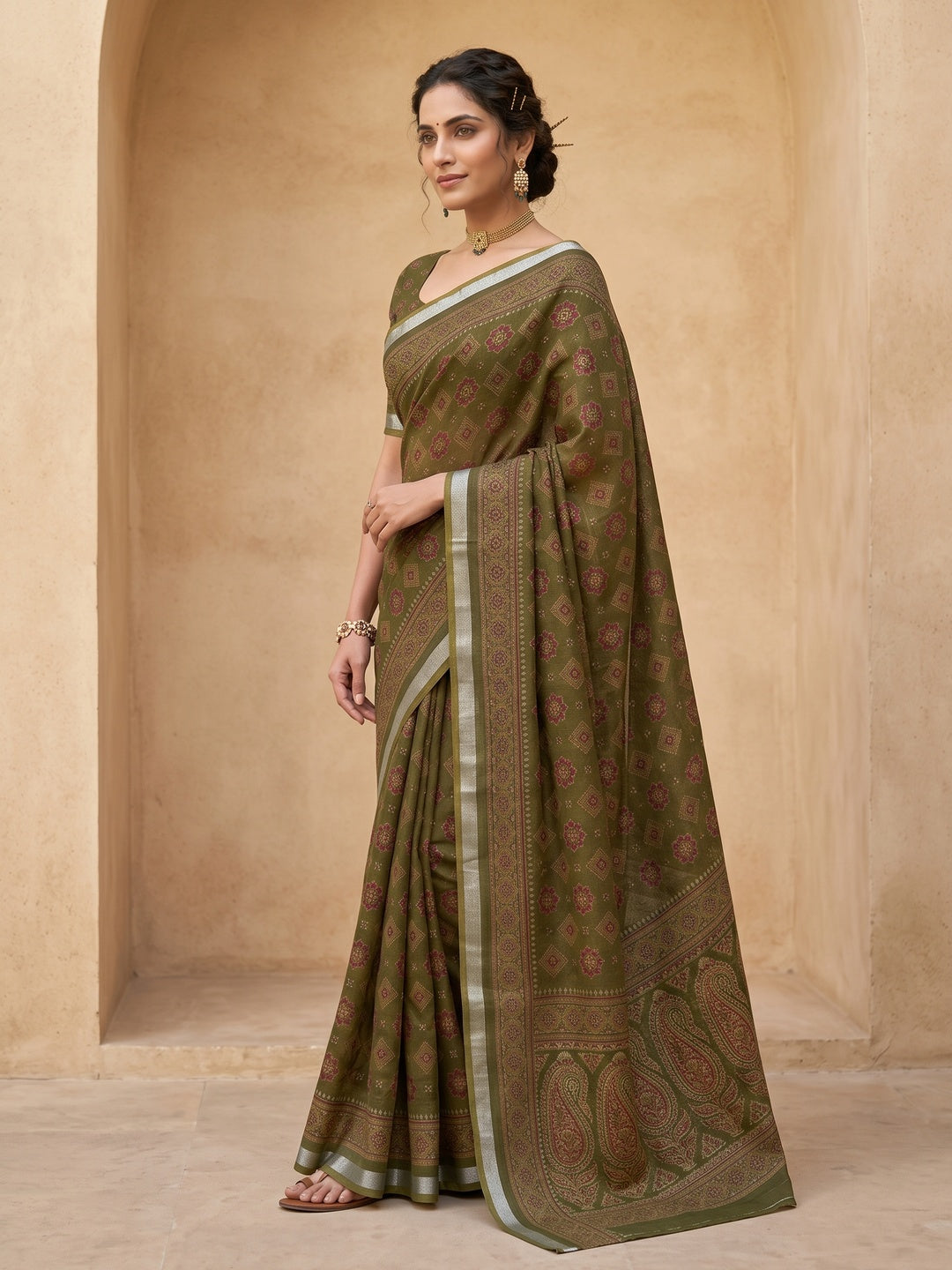 Peachmode Olive Semi Cotton Saree with Ajrakh Print - Image 5