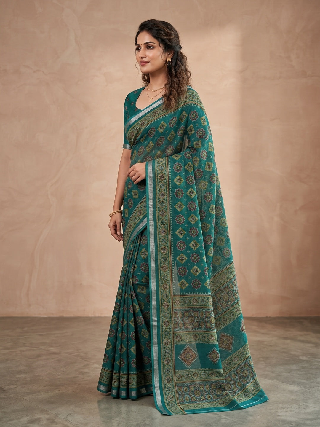 Peachmode Teal Semi Cotton Saree with Ajrakh Print - Image 4