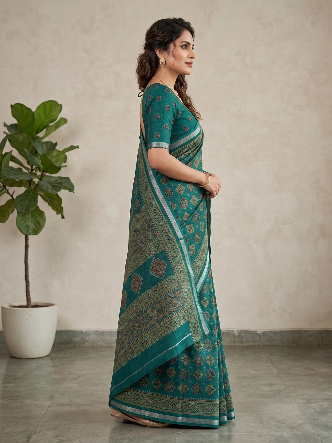 Peachmode Teal Semi Cotton Saree with Ajrakh Print - Image 5