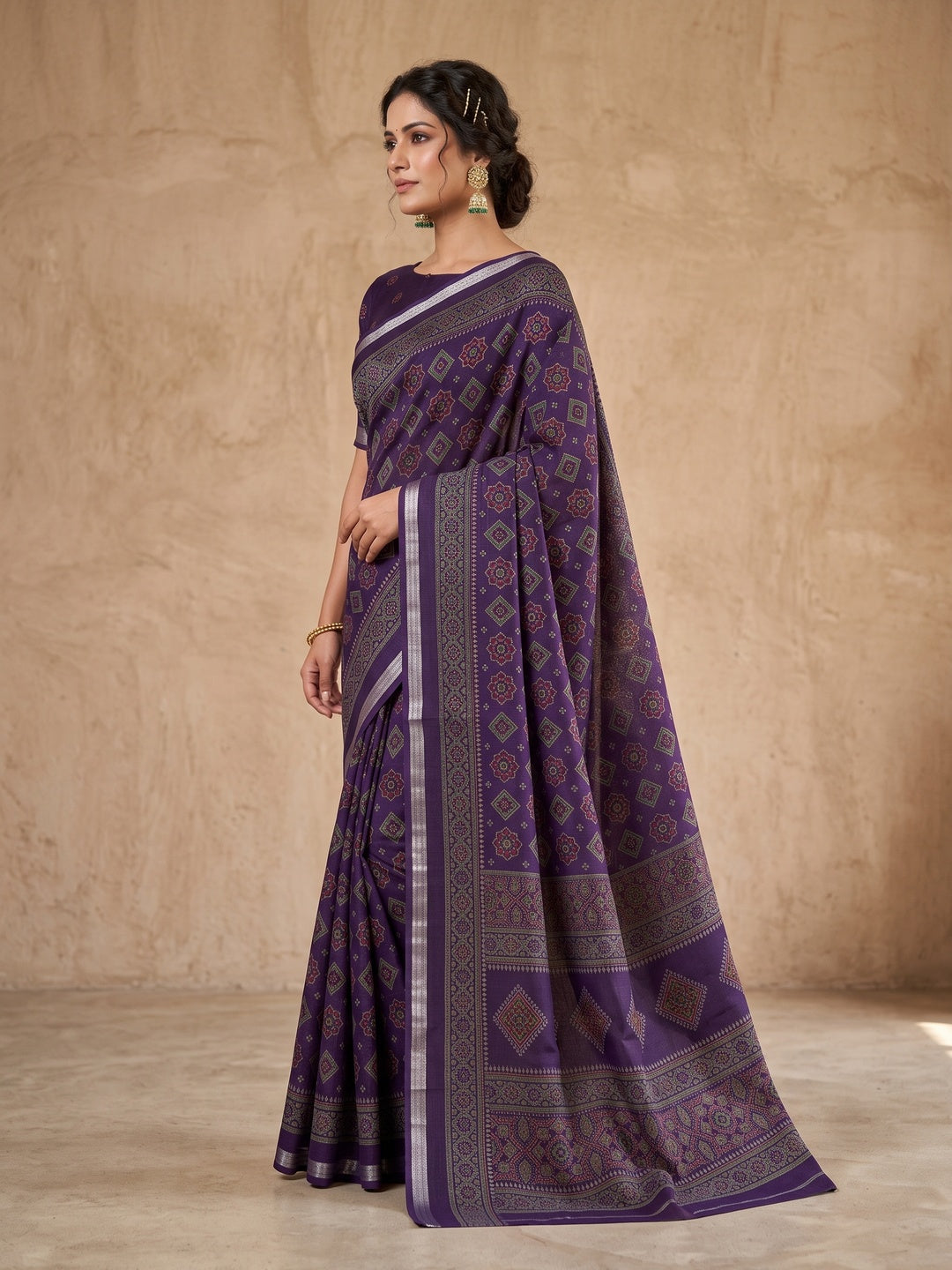 Peachmode Purple Semi Cotton Saree with Ajrakh Print - Image 4