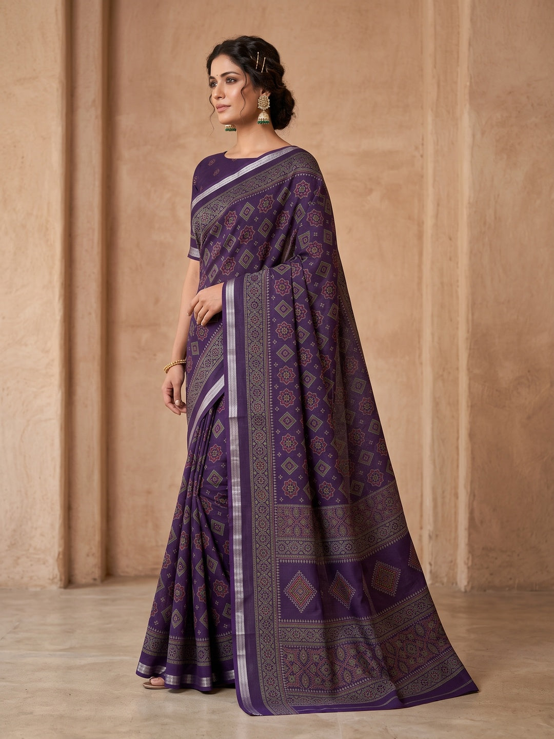 Peachmode Purple Semi Cotton Saree with Ajrakh Print - Image 5
