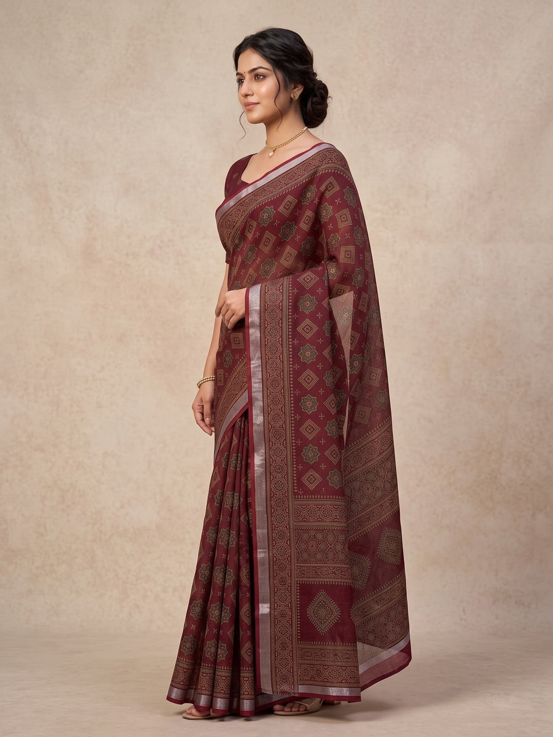 Peachmode Maroon Semi Cotton Saree with Ajrakh Print - Image 5