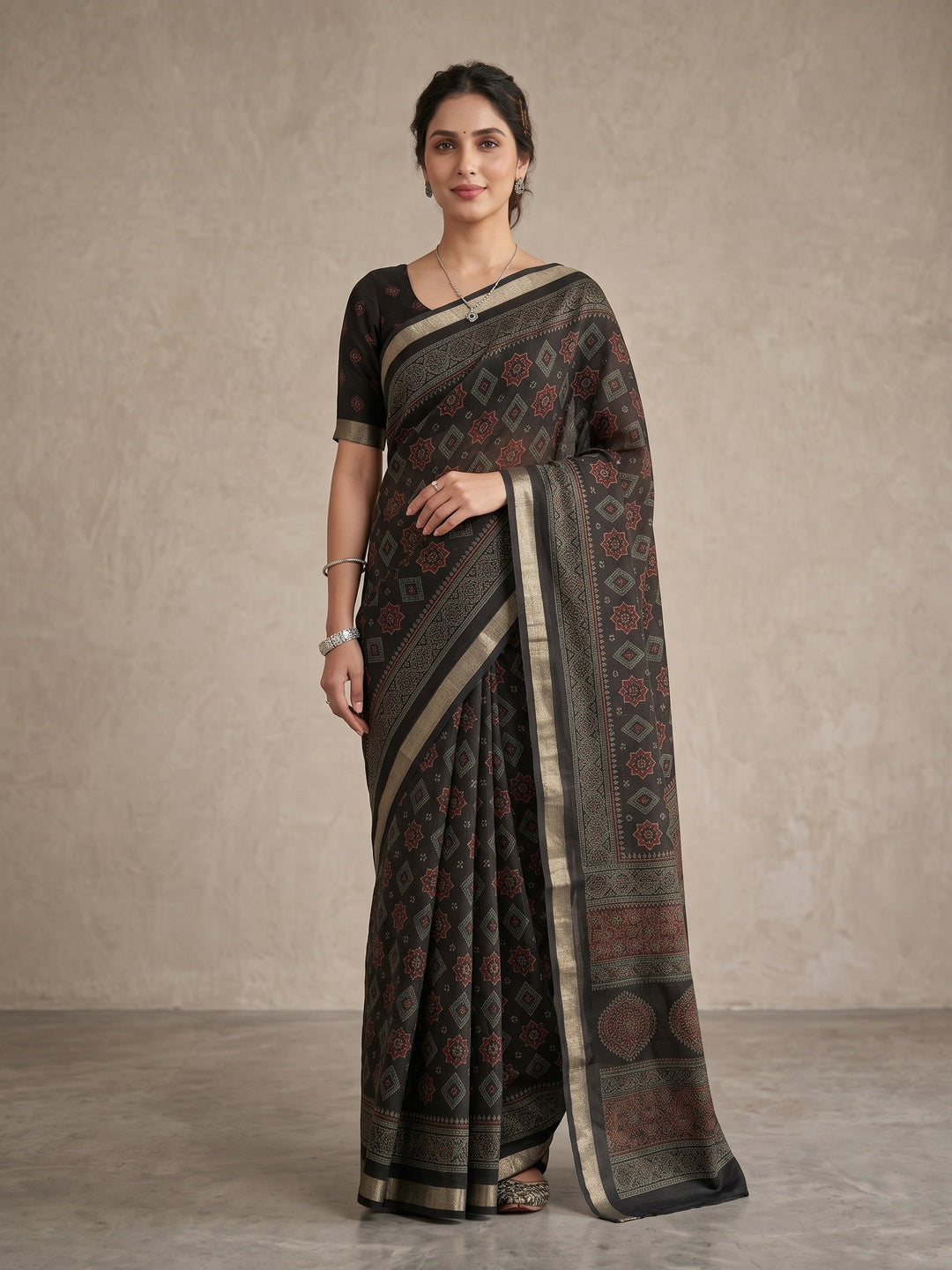 Peachmode Black Semi Cotton Saree with Ajrakh Print - Image 2