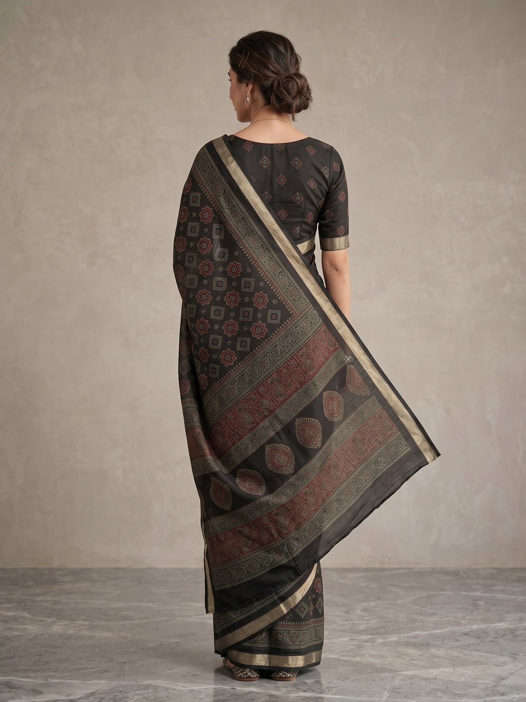 Peachmode Black Semi Cotton Saree with Ajrakh Print - Image 3