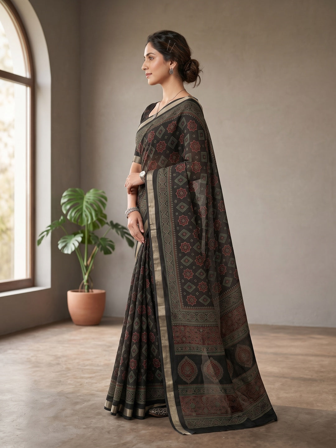 Peachmode Black Semi Cotton Saree with Ajrakh Print - Image 4