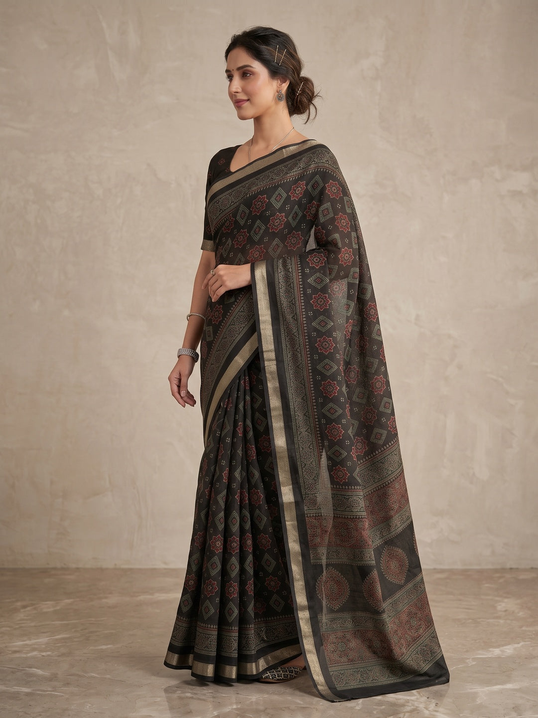 Peachmode Black Semi Cotton Saree with Ajrakh Print - Image 5