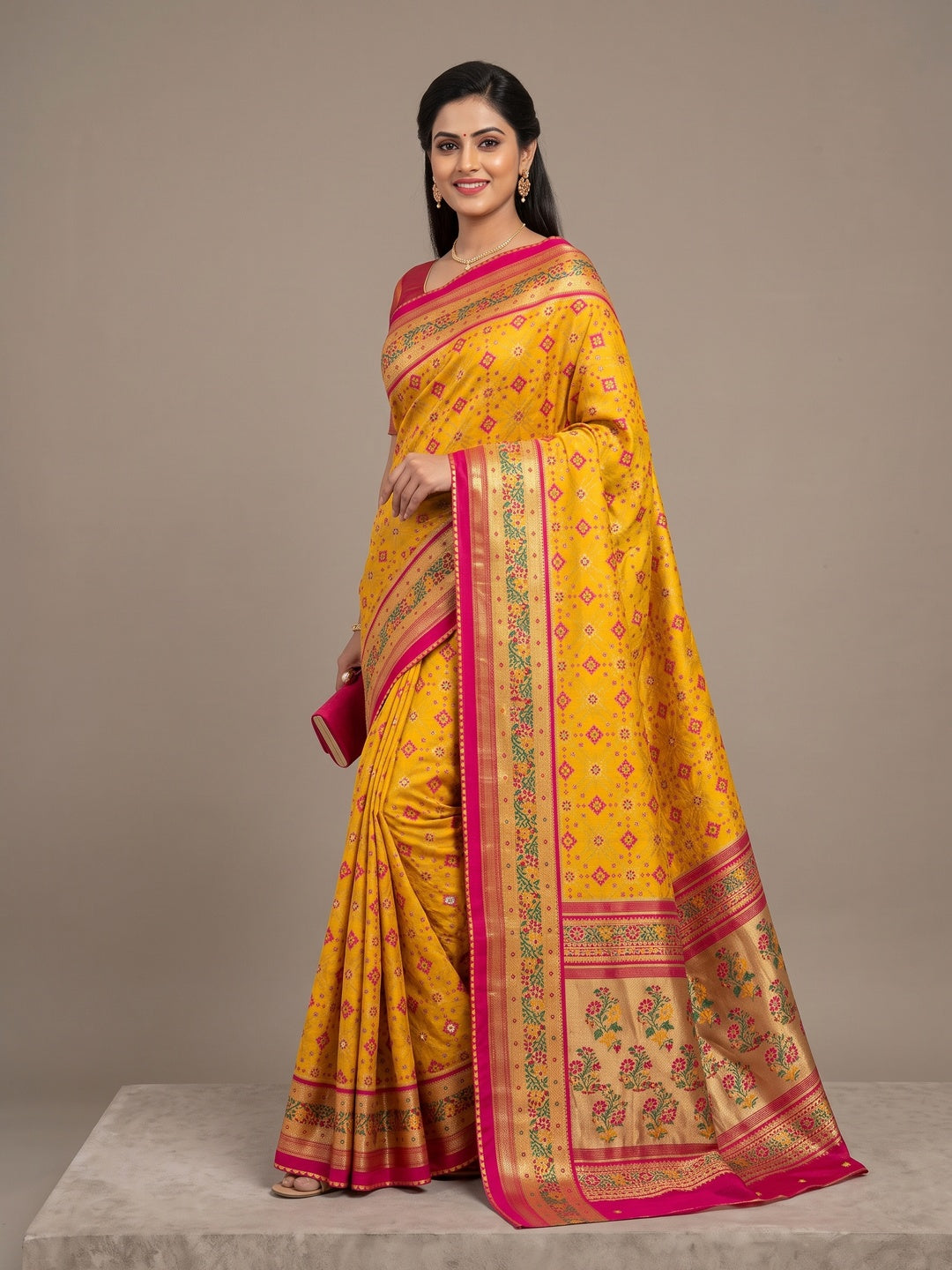 Peachmode Yellow Pure Silk Saree with Digital Print - Image 5
