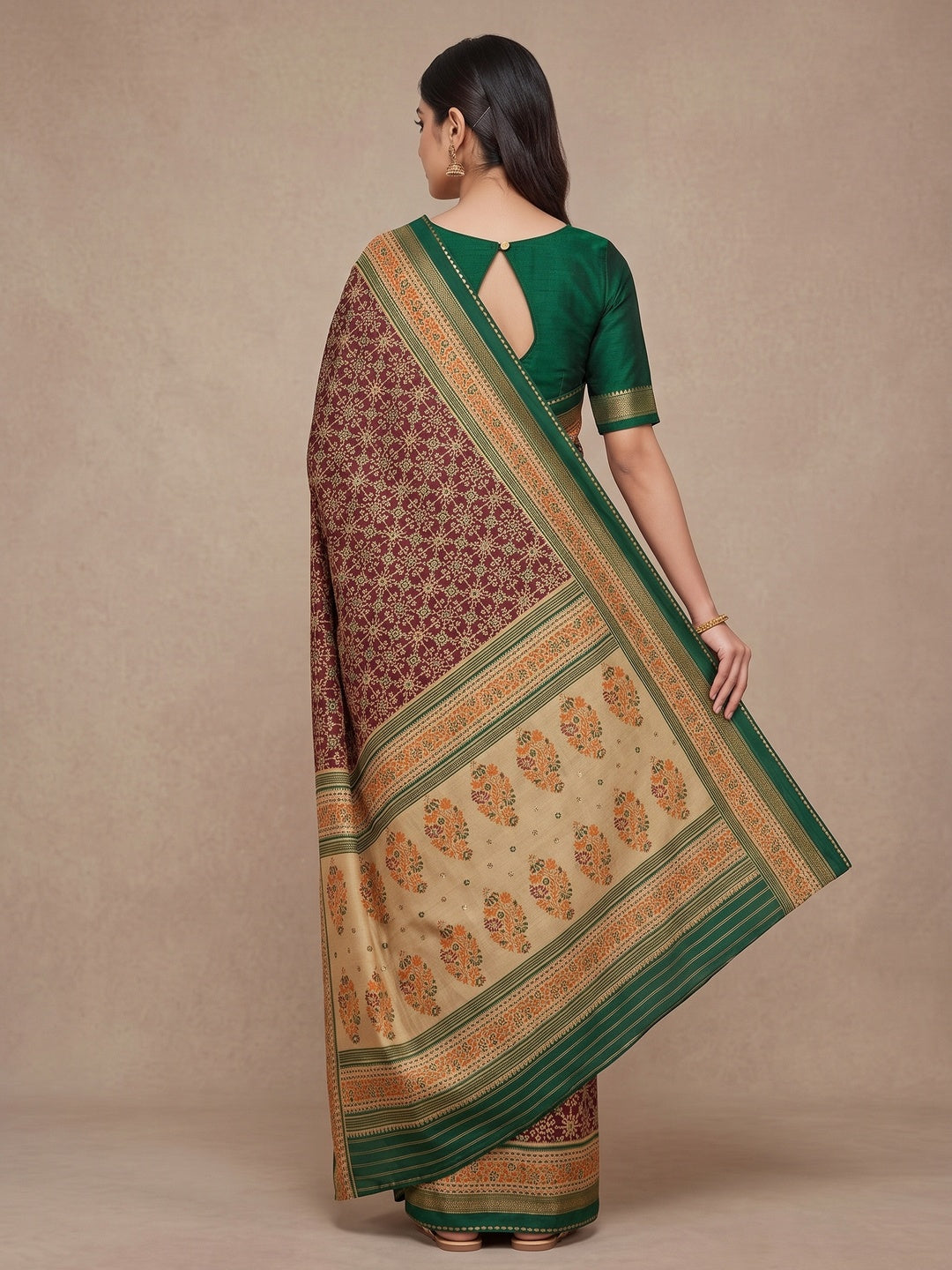 Peachmode Brown Pure Silk Saree with Digital Print - Image 3