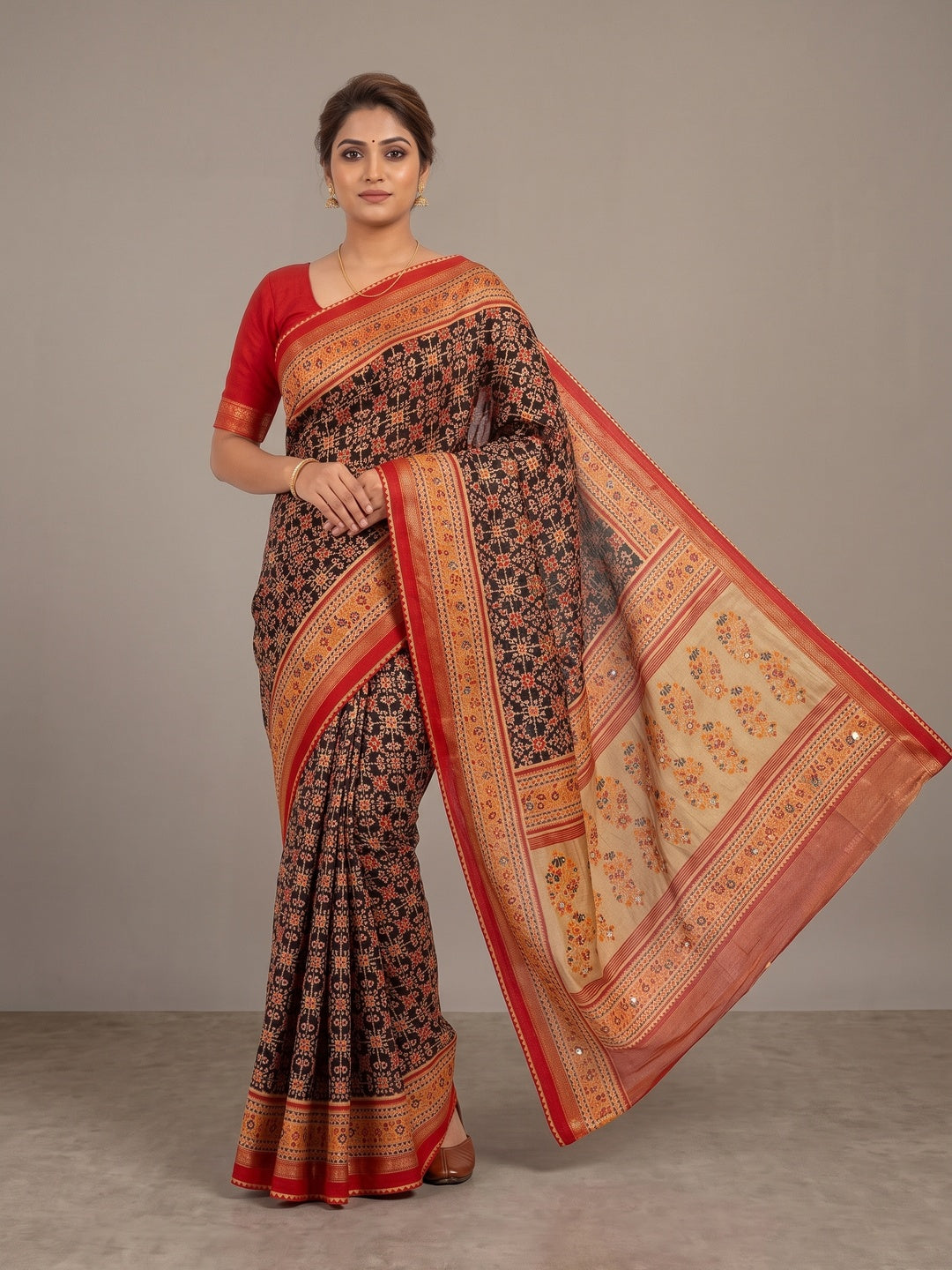 Peachmode Brown Pure Silk Saree with Digital Print - Image 2