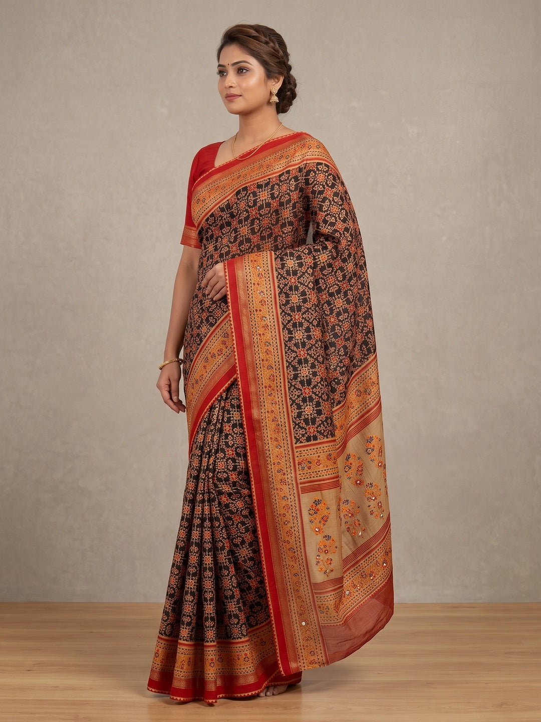Peachmode Brown Pure Silk Saree with Digital Print - Image 4