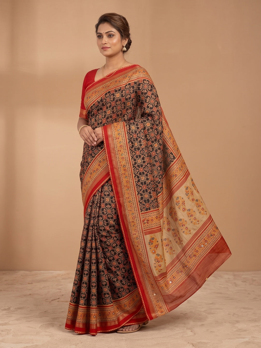 Peachmode Brown Pure Silk Saree with Digital Print - Image 5