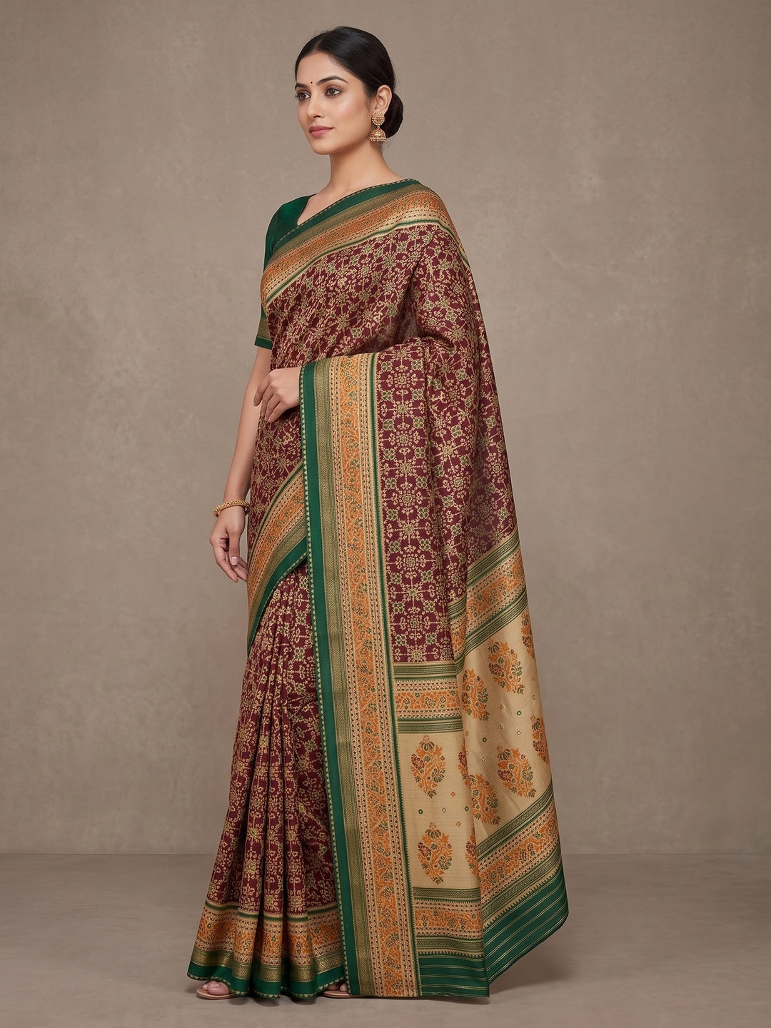 Peachmode Brown Pure Silk Saree with Digital Print - Image 4