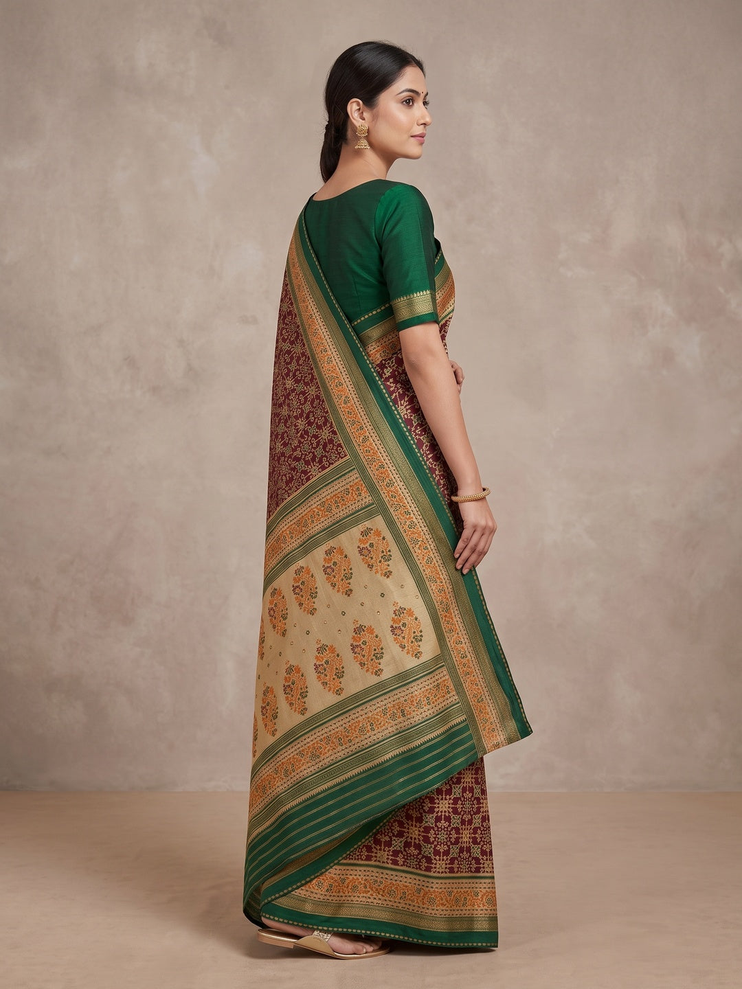 Peachmode Brown Pure Silk Saree with Digital Print - Image 5