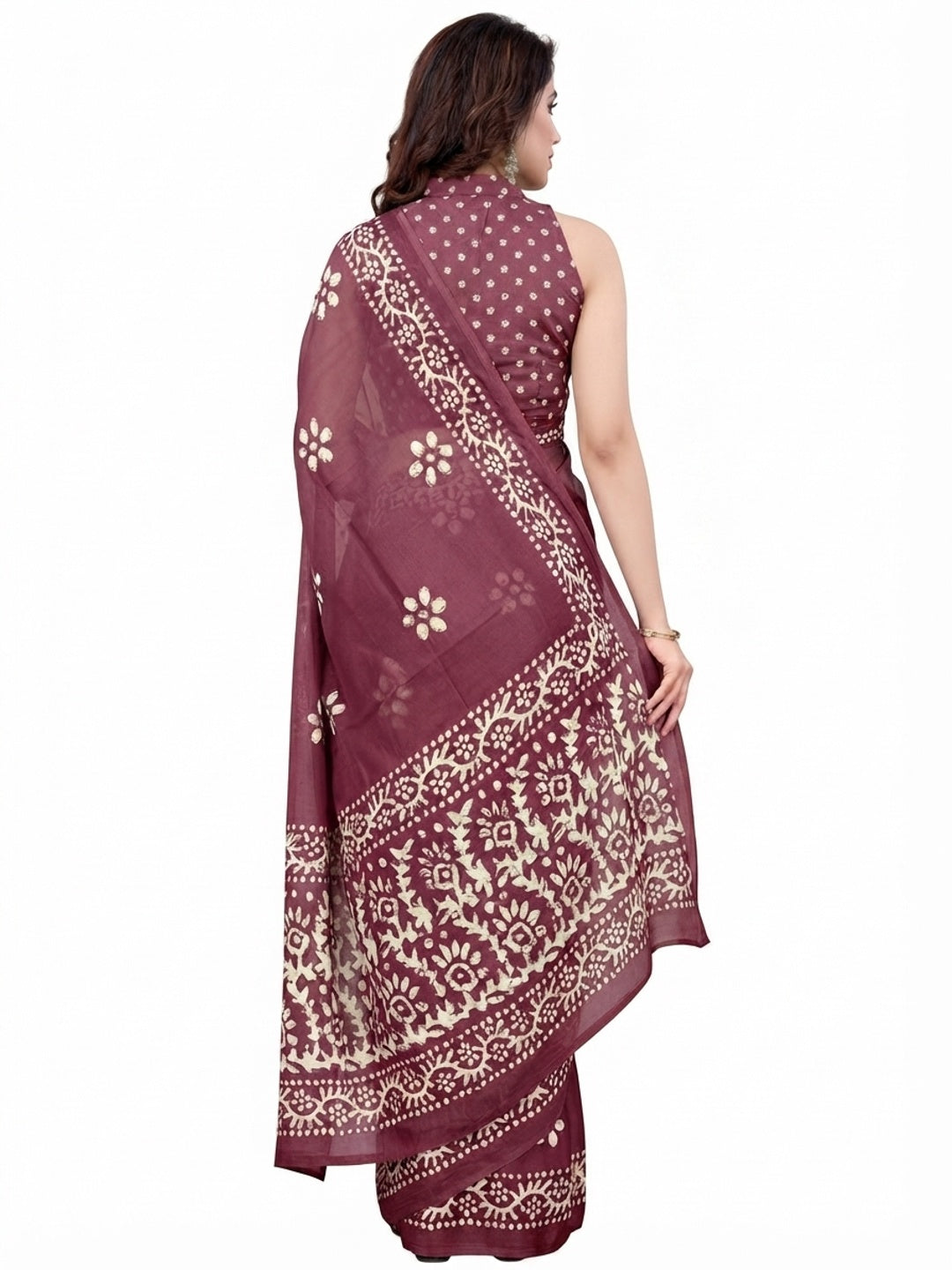 Wine Floral Printed Chiffon Saree - Image 2
