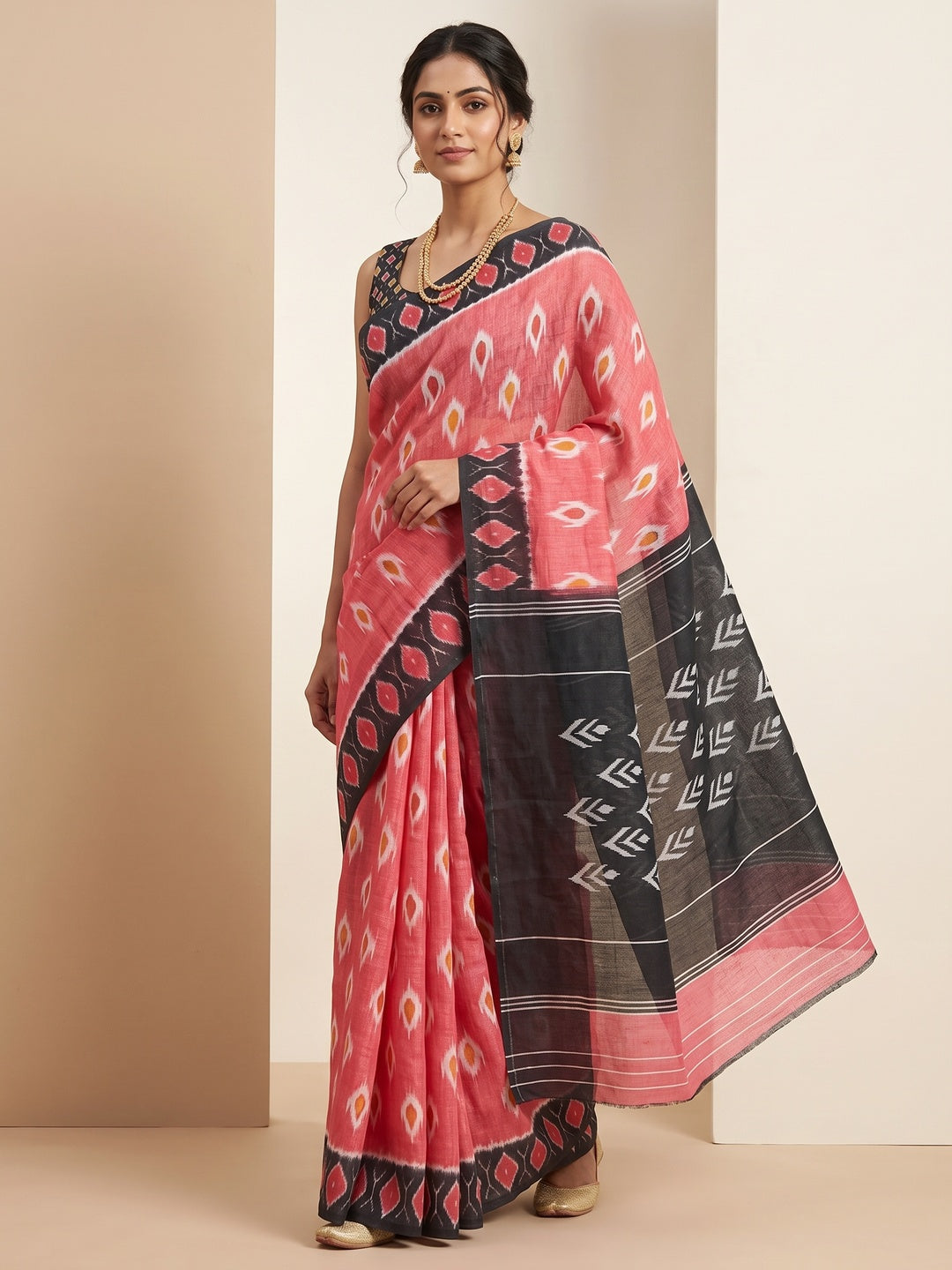 Gajri Pink Ikkat Printed Linen Saree - Image 1